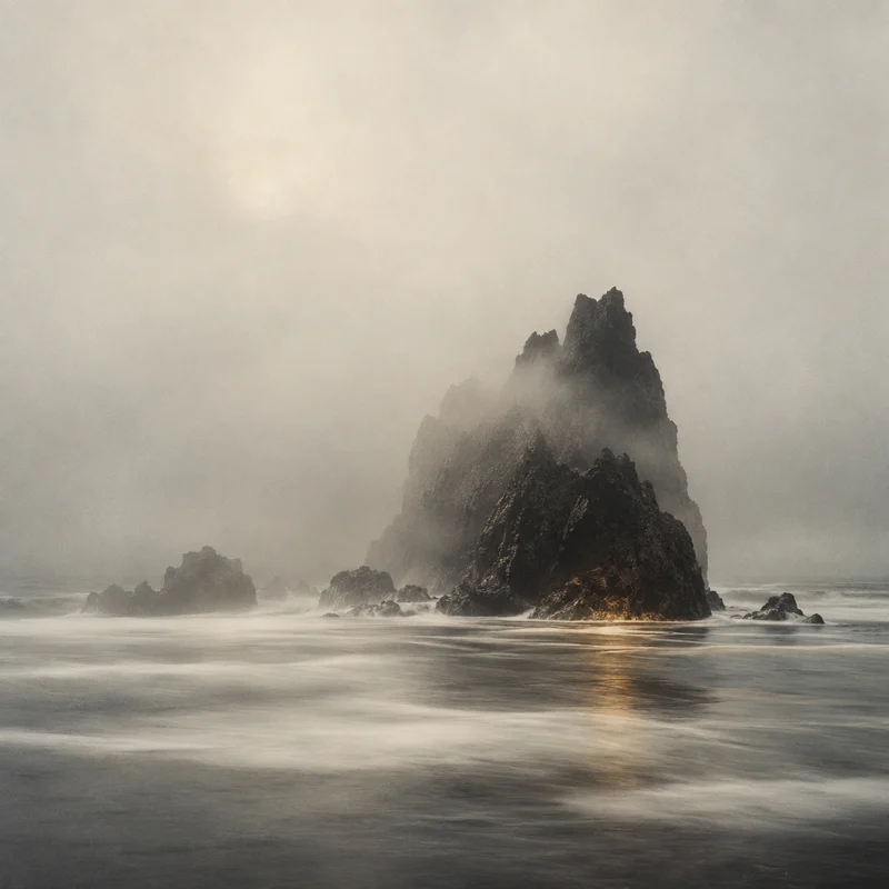 Slow Weather concept cover: Coastal rocks in silver mist