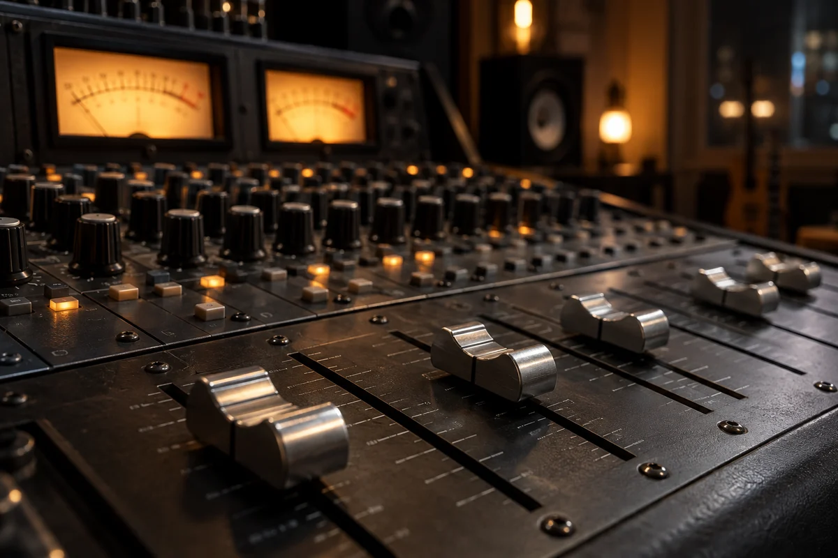 Faders and meters on a concept studio mixing console