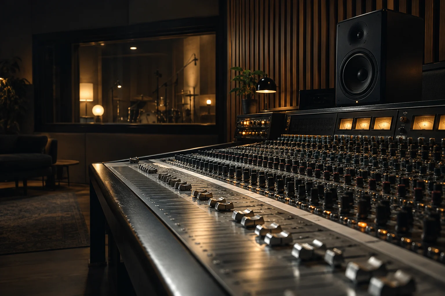 Studio monitors and a desk in a concept mastering room