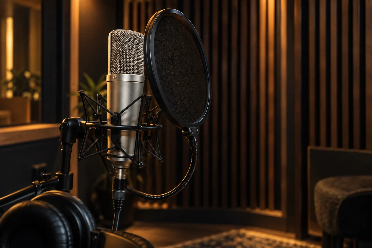 A microphone and pop filter in a timber-lined concept vocal booth