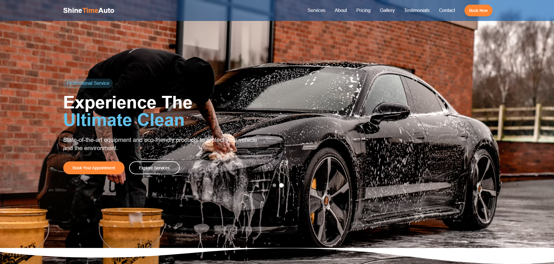 Professional car wash website header showing sparkling clean vehicle with 'Book Now' button overlay, soap foam details, and contact phone number