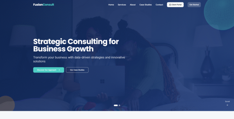 #1 Professional consulting firm homepage promoting growth strategies, featuring call-to-action buttons for services and case studies