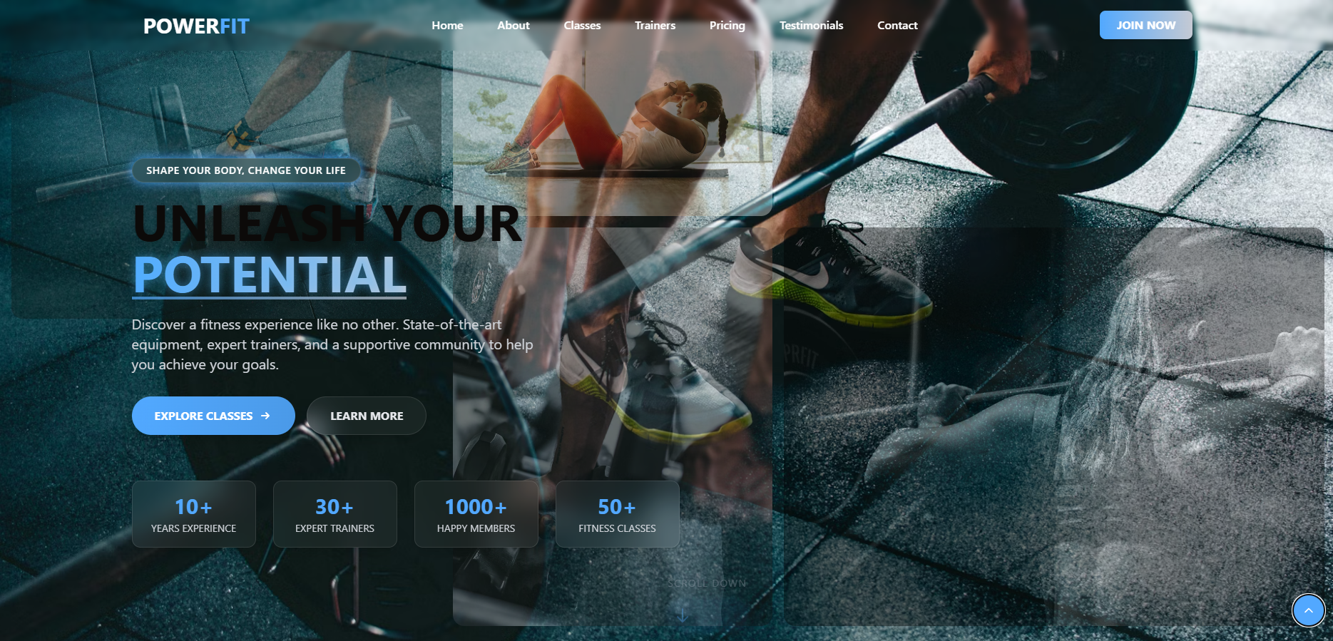 Modern fitness website homepage featuring a muscular trainer with bold 'Get Stronger' call-to-action button and gradient accents.