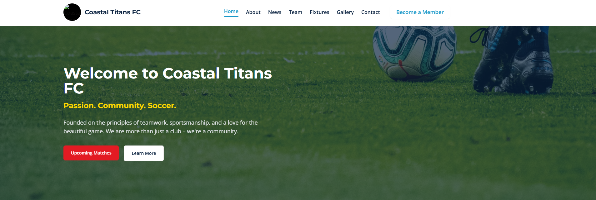 Homepage design for Soccer Team Paffy, showcasing hero section and navigation - Web development portfolio example.